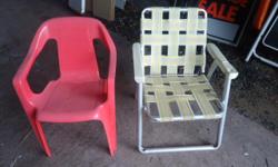 TWO CHILDRENS LAWN CHAIRS, ONE FOLDING AND ONE SOLID.
$5 EACH OR BOTH FOR $8.