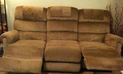 I am selling a 2 piece lazy boy recliner couch and love seat. As you can see both ends recline and the seats go back even further once reclined. It will not fit in my new place so I have no choice but to let it go. It is mainly a tan color. Great