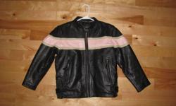 Girls Leathet jackets. Worn twice, Like New condition. Bought new 2 years ago for my daughter to ride with me. Amazing how fast they grow !  Would fit a girl 7-11 years old.  Black leather with Pink Leather band. Zipper cuffs. Paid 125.00