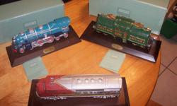 Made of Hartford porcelin these are 3 really nice models. They all include the wood base with ID plates.
 
The Blue Comet
No. 381E Electric
Santa Fe F7
 
$10.00 each or all 3 for $25.00