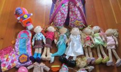 8 Dolls, 1 tent, sleeping bags, motorcycle, and lots of accessories. Over $200 of Groovy Girl!