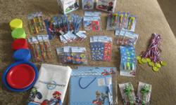 Once again my son has selected a theme that was not available in canada. 
We have some extra items I had shipped in from the U.S.
These are BRAND NEW in unopened pkgs except for the table cloth
 
3 pkgs of Mario Kart pencil crayons (6pk) 
4 pkgs of Mario