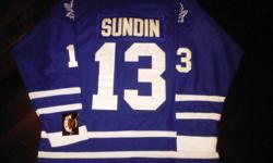 Mats Sundin - Blue Toronto Maple Leafs Jersey
 
Athentic Vintage CCM Jersey
Size 50 or 52 available
"C" Patch
All Patches and Numbers are stitched on
Includes Fight Strap
Brand New with Tags
 
ONLY $60.00
 
 
I have many other jerseys available including