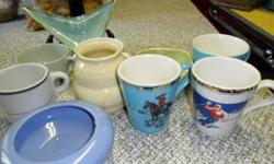 Assorted 20 pieces of pottery, plates, cups, saucers, fancy plates, bowls, honey pot, RCMP Cup.