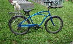 2015 blue Electra Cruiser men's bike with black fenders and carrier in the back