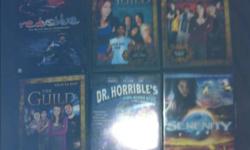 Red Vs Blue Seasons 1-5 Box Set: $30 (DVD)
The Guild Season 1&2 $15(DVD)
The Guild Season 3&4 $10/each(DVD)
Doctor Horrible's Sing-A-Long Blog $10 (DVD)
Serenity $10 (DVD)
Buffy Season 8 Motion Comic $15 (BluRay & DVD combo pack w/bonus!)
Scream 1-3