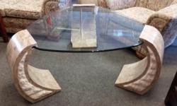 Some absolutely beautiful pieces just in the store:
Trillium Modern Glass and Marble like sculptured legged coffee table
Painted White Wicker two level round table
Funky Painted Green End table with playing cards
Computer desk with hutch shelves
Nova