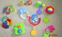 I have a bunch of toys for sale, used for my home daycare over a year ago.
There is a lot of stuffed animals... $5.00 for all.
2 lots of baby toys such as rattles, teething toys and links.$5.00 each
A bag of letter and number magnets, every letter and