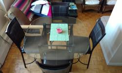 Hello there!
I am moving to Alberta in a couple weeks and am selling my furniture. Please see below and send me a note it anything peaks your interest... and feel free to make me an offer! :)
Photos 1-2 -- dining room set (glass, bar-height table w/ 4