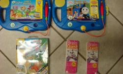 Gentely used, clean, with batteries.
Two leap pads and threes bookles
Two pads great for two kids sharing 3 interactive booklets.
 
Leaps big day.
Thomas and the school trip.
I know my ABC's
 
Also 2 Brain quest booklets
3rd edition 300 questions per
