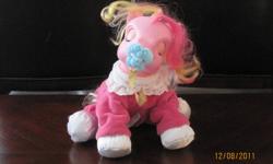 I have two My Little Pony ponies for sale.  They lay down and sit up and speak and giggle.  They are identical except that one speaks in English and one in French.  They are about the same size as a webkinz.  $10 each or both for $15.