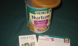 Enfamil A+
Two unopened 370 g cans plus coupons. Seven $3 off coupons and three $5 off coupons for the same product. Asking $10
 
Heinz Nurture
One unopened 366 g can plus two $5 off coupons for the same product. Asking $5
I also have some diaper / wipes