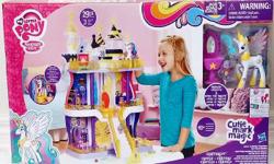 This tower of My Little Pony fun is 3 stories tall (29 inches) and it has a real working elevator to bring all the ponies (sold separately) to the second and third floors. Or any pony can trot right up the front steps to the throne!
The castle is full of