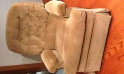 Out with the old . Skylar Peplar clean, beige, corduroy, full size sofa and matching chair $150.00. You pick up and enjoy.
Put up your feet and relax in this rocking, recliner, beige, velour chair. You pick up and enjoy.
Go to the head of the class with