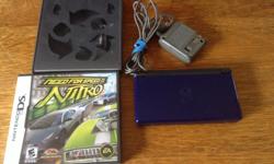 nice blue Nintendo DS, charger and three games: Need for Speed Nitro, Monster Jam and Cross Words.
Great price