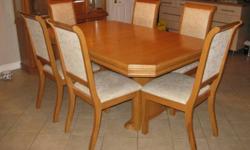 Solid oak table and chairs. 86"X41" with leaf. 6 chairs.
Solid oak buffet and hutch, built in light, glass shelving, mirror.
Selling as a unit. 1000 OBO