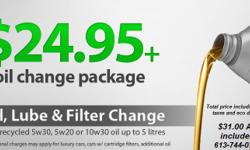Oil Change Special.
Oil and Filter Included;
Oil Change $16.99
Filter $8.65
Disposal Fee 1.79
Taxes. $3.47
Total $31.00
Thanks
Ask about our January Brake Special!!
American Graffiti Automotive Inc.
416 McArthur Avenue
Ottawa ON K1K-1G6
(T) 613-744-0746