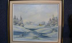 Rustic Winterlude scene. Framed size 29" X 24". Image size 23" X 19". Signed by the artist R. Kay, circa 1977. Purchased by the seller from the artist in 1977 for $95.