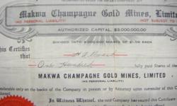 2 old share holder gold mine certificates, both are from 1936, one is from otisse long lac gold mies, the other from makwa gold mines. one was for 1 share, the other for 100 shares. will sell for 100 each or $175 for both, call 519-381-8625