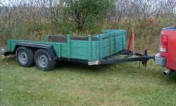 One Heavy Duty Tandum Axle Trailer For Sale
 
Bed Size: 12 feet long - 7 feet wide
Tire Size: 235/75R15
 
Price is $600. Call Craig at 905-953-1156