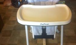 Easy to use high chair that can be adjusted to many different levels.  Used as a chair or can lay back for bottle feeding.    Slides underneath a kitchen table.  The tray can be removed for easy washing.  Folds up, and very compact.  Excellent condition,