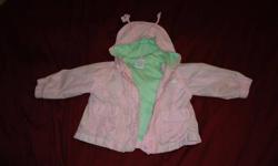 I have a pink and green jacket for sale. It is a size 12mths and is Sears Baby Brand. It has a hood and on the hood is two pink flower antennas. The coat has many butterfly/ dragonfly designs as seen in pictures. The coat has a cotton jersey lining. Coat