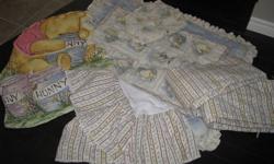 Make an offer!!
Complete set of crib bedding for your little one, perfect for a boy or a girl. 
Set includes:
1 Fitted crib sheet
1 Bedskirt
1 set of bumper pads
1comforter
2 wall hangings to match
I am also throwing in a Winnie the Pooh "bouncy" chair,