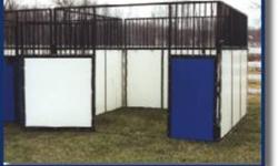 We have one 10x10 barely used portable HEAVY DUTY show stall for sale, completely free standing - front plus 3 sides. All sides have upper grills, front has upper grill and swingout door. Lower 4' of each panel filled with heavy duty double sided vinyl