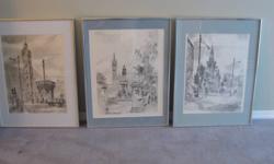 Three framed scenic charcoal prints. $25 for all 3