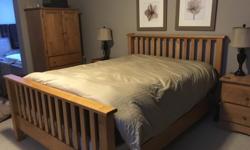 This Solid Maple Bedroom Suite consists of BED (Headboard, Footboard, Side Rails and all Hardware), ARMOIRE, DRESSER, MIRROR, 2 NIGHTSTANDS. This suite is in excellent condition and comes from a smoke-free/pet-free home.
