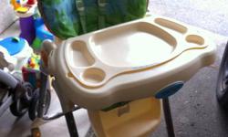 Like new high chair with a five point harness system. Has multiple height settings, comes with a tray that comes on and off for easy cleanup. Comes with an attachment to keep baby occupied while getting there meal ready.