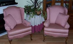 Here are a pair of  DUSTY ROSE colour made in CANADA high quality BARRYMORE Furniture Co. WINGBACK chairs with accent pillows and arm covers.Barrymore furniture is sold at KINGSMILLS so you know they are quality pieces!!The chair measurements are 42 in.