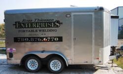 Someone stole a tan colored 7x14 v-nose trailer with decals "Ross Thiessen Enterprises Portable Welding, Hythe, AB. The trailer was taken from Hythe AB on or near July 30, 2010. The trailer had welding equipment and supplies inside. Any info leading to