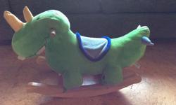This little rocking Dino is soft so that a little one can hug him, but he has been well built and has survived my 2 boys no problem! He plays 4 different songs about colours, numbers & the alphabet.
Batteries still work & he has lots of rock left in him