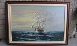A real nice original oil painting of a tall ship on the high seas by Berry.
 
  It's a large picture with the frame measuring 42" x 30.5". Also, you can see it has been professionally framed.
  
  This oil has been in our family for around 30 years.