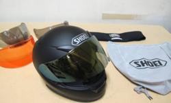 Almost new SHOEI RF-1100 motorcycle helmet. Color Matte Black. Size Large 7 3/8 7 1/2 or 59-60cm.
No damage, never crashed.
Includes SHOEI orange tint shield, blue iridium shield, gold iridium shield and silver tint shield.
Includes carrying bag and