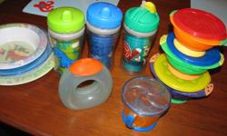 I have three Playtex sippy cups that do not leak. A funky Boone sippy that also does not leak and is easy to hold. A Munchkin snack holder where a child can reach in and get a snack but the contents will not fall out. There is a set of three bowls with