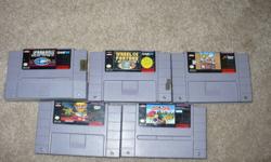 Super Nintendo Entertainment System game cartridges for sale:
Monopoly - $7
Jeopardy - $5
Wheel of Fortune Deluxe Edition - $5
Break Thru! - $5
Daffy Duck the Marvin Mission - $3
 
All games except Daffy Duck come with original boxes and instruction