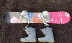 Price reduced for you! Great shape!! Young girls 53 inch snowboard, girls size 9 boots and bindings. All working and great $$ savings for your child's winter fun. Daughter grew out of this and bought a New one. Please e-mail and come get this great 'Hello