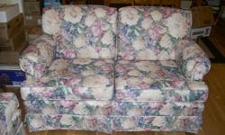 JUST LIKE NEW- SOFA AND LOVE SEAT
CREAM WITH GREEN, ROSE, AND BLUE  FLORAL PATTERN
MATCHING VALANCES ALSO AVAILABLE
PLEACE CALL 705-741-1065 OR EMAIL