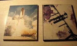 Space Shuttle Laminate Frames: Collectibles, purchase dates back to the 1980's, unknown origin artist/ photographer, both approx. 8" x 10", only sold as set. Not too many of these around! Asking only $55 (for set) or B.O.
1) Space Shuttle Atlantis Launch