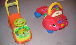 1 Fisher Price stand and sit walker.  Converts from walk behind to ride on.  Lights and sounds with shape sorter.  All shapes included (3 pieces).  $15.00
1 Diego ride or walk behind.  Lights, sound and moving scene on front.  $8.00
Both in good