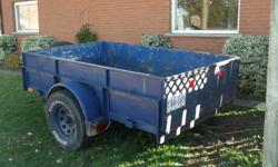 Heavy duty trailer.
Checkerd steel bed, 5' x 8', 24" sides all steel.
3500# Axle with LT235/75R15 Truck tires load rated at 1985# each.
Spare tire, Springs shackles and bolts replaced Aug. 2011.
 2" ball hitch, safety chains, rewired lights.