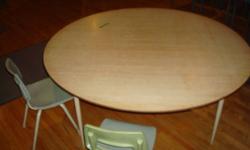 I have an assortment of beautiful school board tables. Currently, I have rectangular, round and trapezoid tables. These tables have a heavy painted steel base and a commercial melamine top with a light oak finish. This is not the cheap particle board like