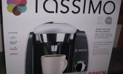 BRAND NEW IN BOX
NEVER OPENED
http://www.tassimo.ca/tassimo/page?siteid=tassimo-prd&locale=caen1&PagecRef=631
Retail price $129.99
$120.00 - TASSIMO T46 Home Brewing System
TASSIMO T46 silver home brewing system has an advanced water filtration system and