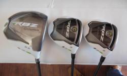 TALORMADE ROCKETBALL DRIVER, 3 AND 5 WOODS - good condition, Stage 1, regular flex, matrix ozik graphite shafts, 9.5 driver loft, all with headcovers. Cash only