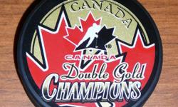 Great item to add to your Team Canada Collection.  Puck commemmorates Canada's double gold medal performance for the men's and women's hockey team at the 2002 Winter Olympic Games.  Able to ship to your location if you are interested.  Please email for