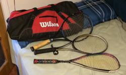 1 Wilson tennis bag, 2 tennis racquets, 1 broken squash racquet. Come pick it up. 20$ or a case of beer :D. Whatever you have to offer will do.