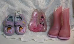 #1. Fleece purple DORA THE EXPLORER slippers w/pink trim w/Dora The Explorer on the toe, Velcro strap closing w/DORA embroidered on top, size 5/6 (approx. 6" from heel to toe). $8.00 (SOLD)
#2. Disney MINNIE shoes, clear all man made material, pink