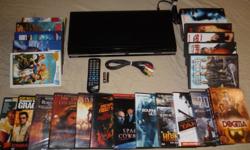 Toshiba DVD player with remote and cable, new batteries included.
Movies
- Dogma(special ed) - 2012 - Taken - Hostage - The Bourne Ultimatum - Space Cowboys - Escape from New York - The Last Boy Scout - 3000 Miles to Graceland - Robin Hood Prince of